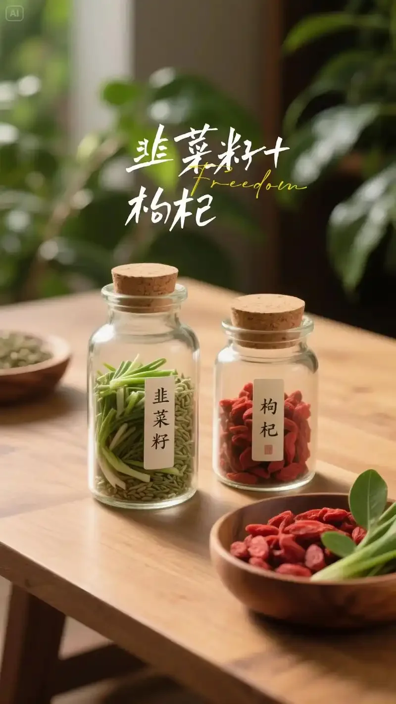 透明玻璃罐中正在浸泡的韭菜籽枸杞酒特写，旁边散落着原料，展示家庭泡酒的温馨场景_1