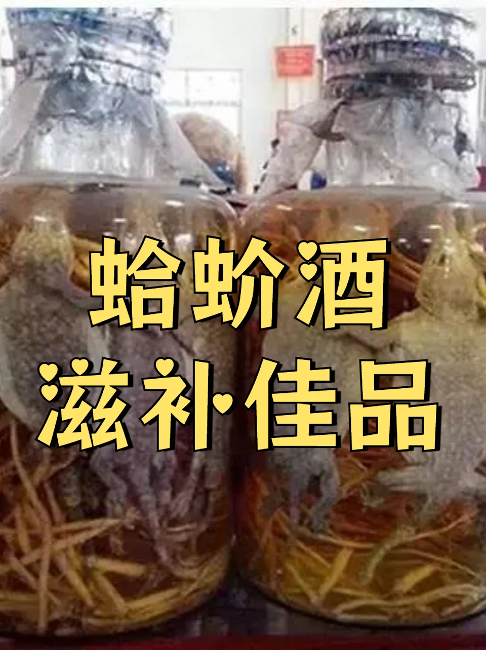透明玻璃罐中的蛇蛤蚧泡酒，琥珀色酒液清晰，可见处理干净的蛇体、蛤蚧以及枸杞等辅料，置于古朴木桌上。_1