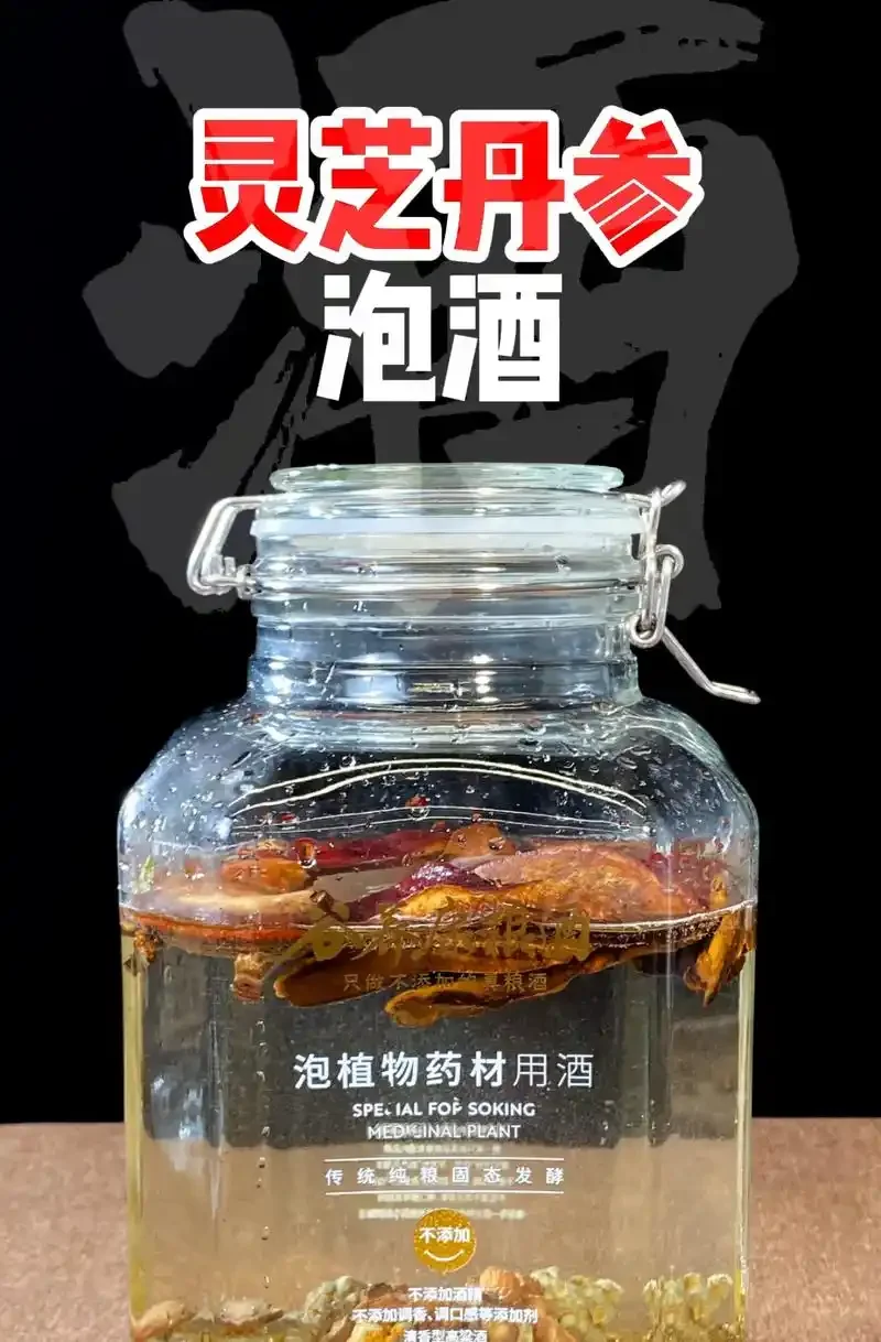 一个装着人参、枸杞、红枣等药材的透明泡酒坛，旁边散落着当归和黄芪，整体氛围专业温馨_1