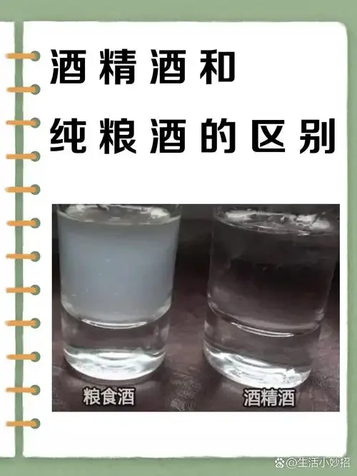 粮食酒与勾兑酒对比图：左侧为纯粮酒与原料，右侧为勾兑酒与食用酒精瓶，直观展示两者区别。_1