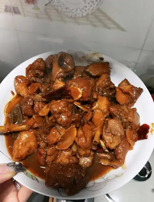 一锅刚做好的家常啤酒炖肉特写，色泽红亮诱人，热气腾腾，展现了菜肴的诱人质感。_1