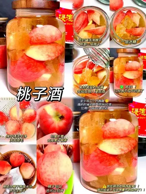 家庭自制桃子酒发酵过程图：玻璃罐中粉嫩的桃子果肉与酒液，旁边摆放着新鲜桃子和酿酒工具_1