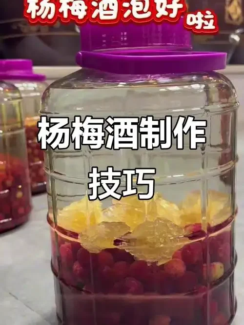 家庭自制杨梅泡酒成品，深红色杨梅浸泡在透明酒液中，色泽诱人_1