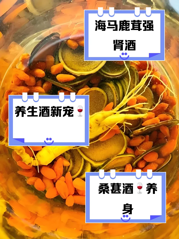 强肾固精药酒泡制示例：透明玻璃罐中浸泡着肉苁蓉、枸杞等多种中药材的琥珀色酒液_1