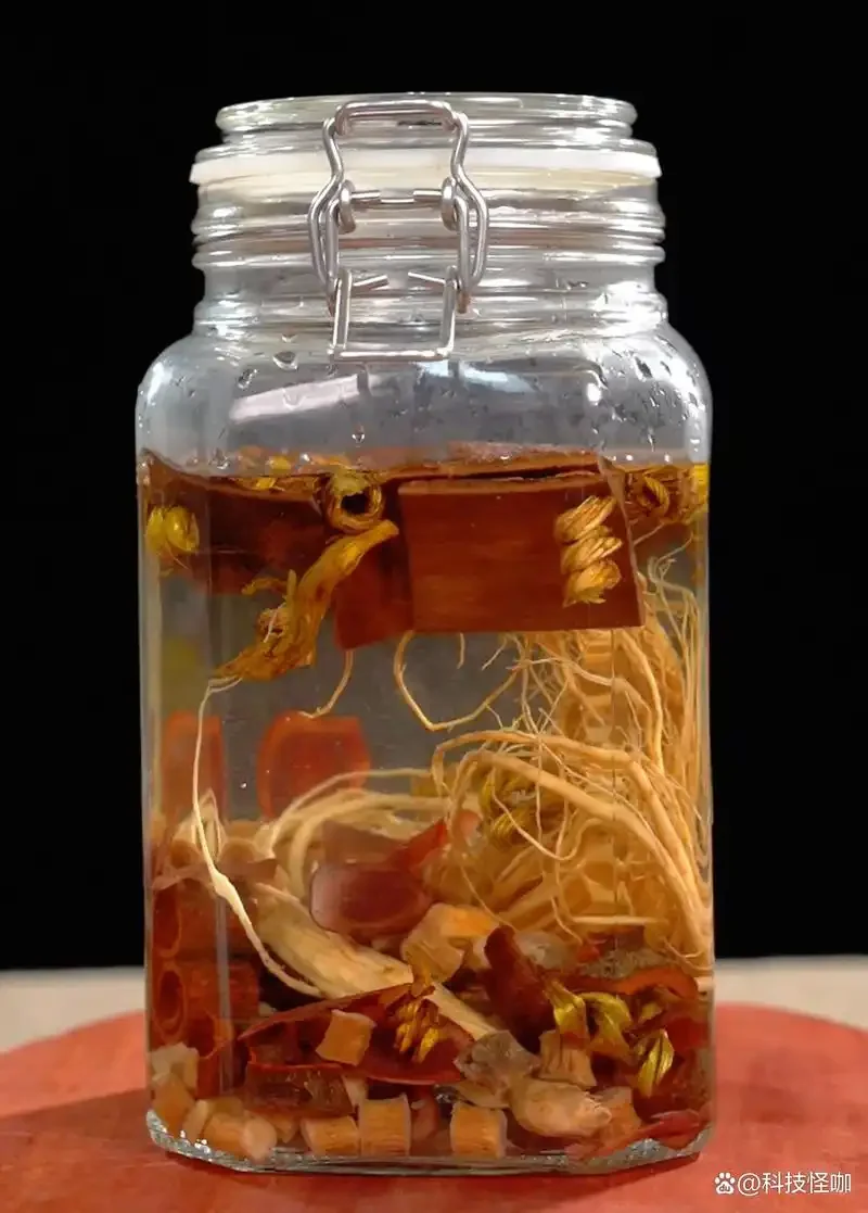 古朴陶坛与金黄色拐枣果实旁，琥珀色拐枣酒液在光线映照下晶莹剔透。_1