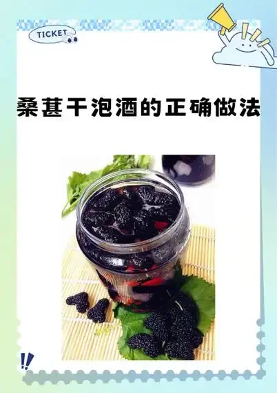 桑葚干与枸杞在透明玻璃罐中泡酒的特写照片，展示诱人的紫红色酒体和所用原料。_1