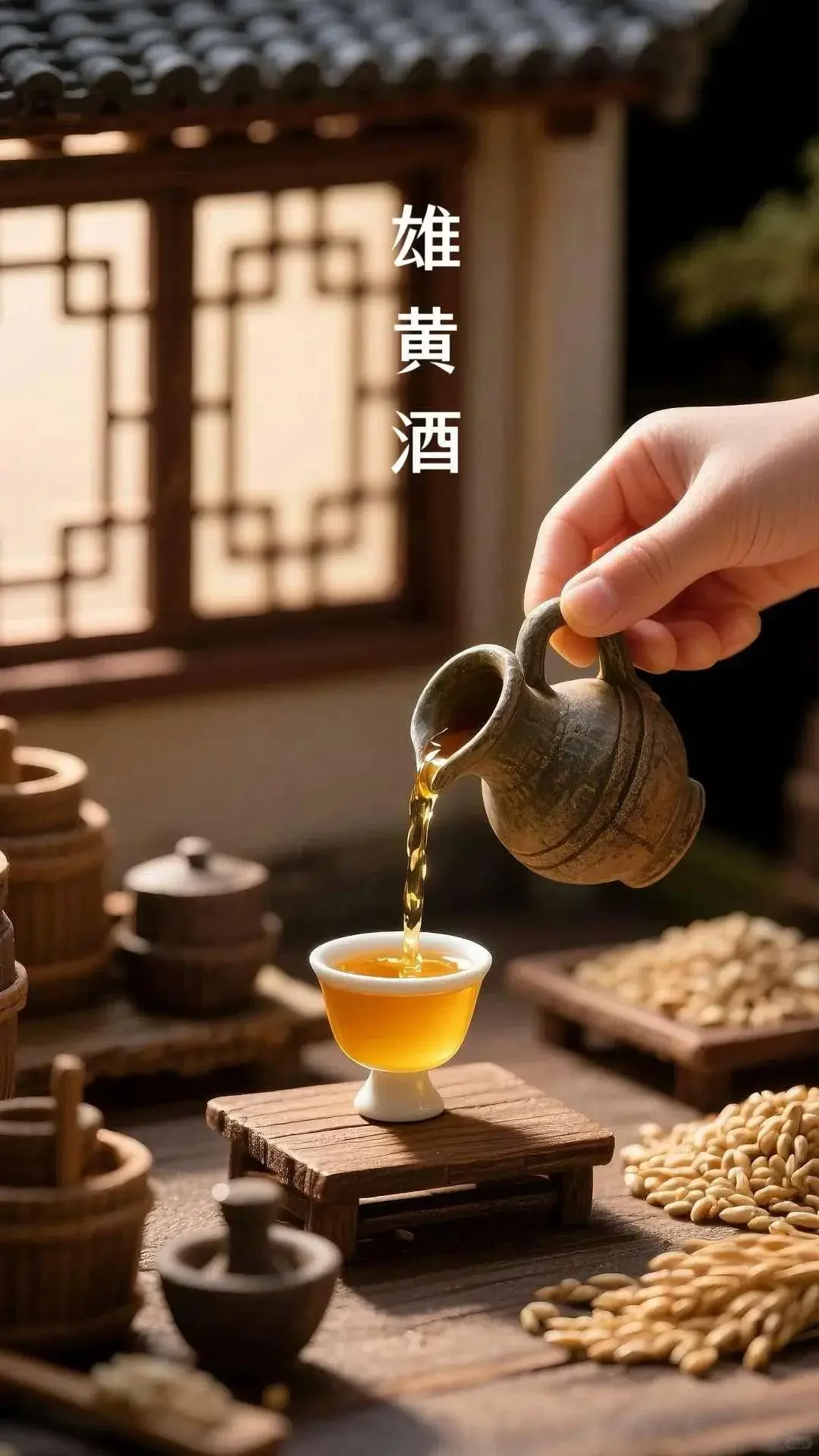 传统端午节场景：陶瓷酒盅中的雄黄酒与艾草、粽子静物组合_1