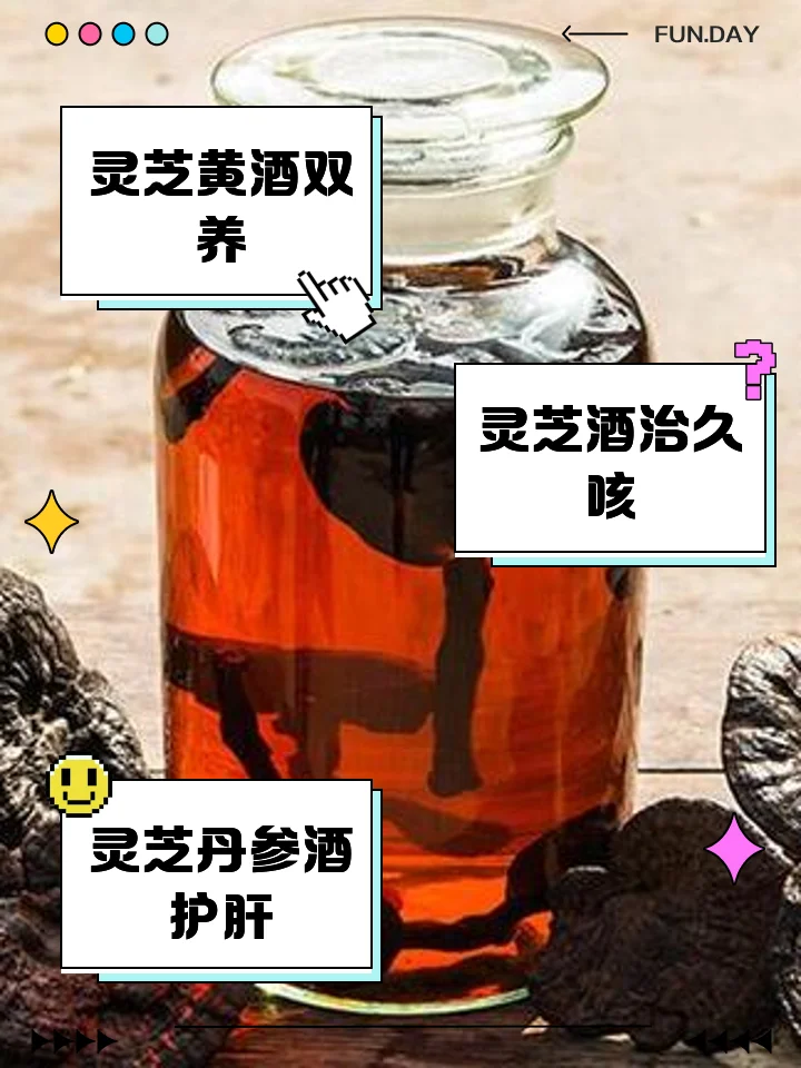家庭自制灵芝酒：透明玻璃瓶中金黄酒液浸泡着干灵芝切片和红枸杞，展示传统养生酒的制作过程。_1