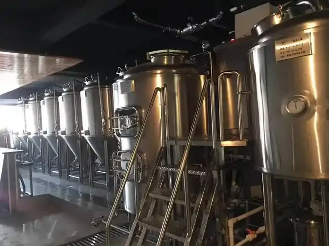 一套完整的精酿啤酒设备实景，包括糖化煮沸一体锅、锥形发酵罐和温控系统，展示了小型酒坊或专业家酿的核心配置。_1