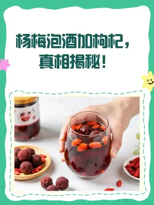 自制杨梅枸杞泡酒材料展示：透明玻璃罐中杨梅与枸杞在酒液中浸泡，旁边散落着新鲜原料_1