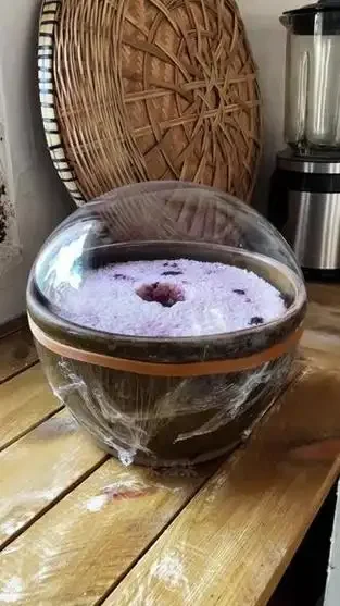 传统酒曲块特写与成品米酒、糯米饭的对比展示，体现发酵菌种的源头与结果。_1