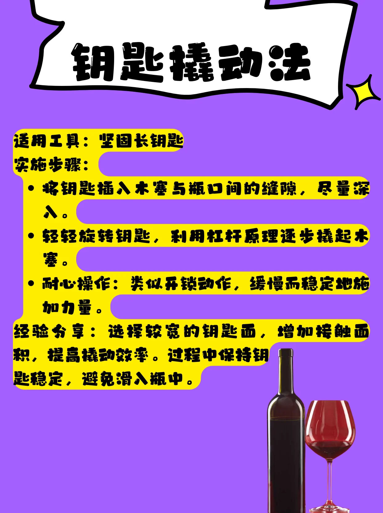 如何处理断裂在瓶中的红酒木塞：一个断塞的红酒瓶，旁边放着侍酒刀和备用酒塞，展示紧急处理场景。_1