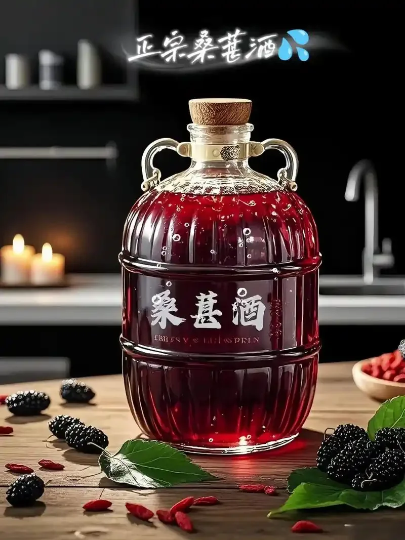 家庭酿造桑葚酒现场：发酵罐中桑葚浮在表面，旁边是用于解决问题的压帽工具和白糖。_1