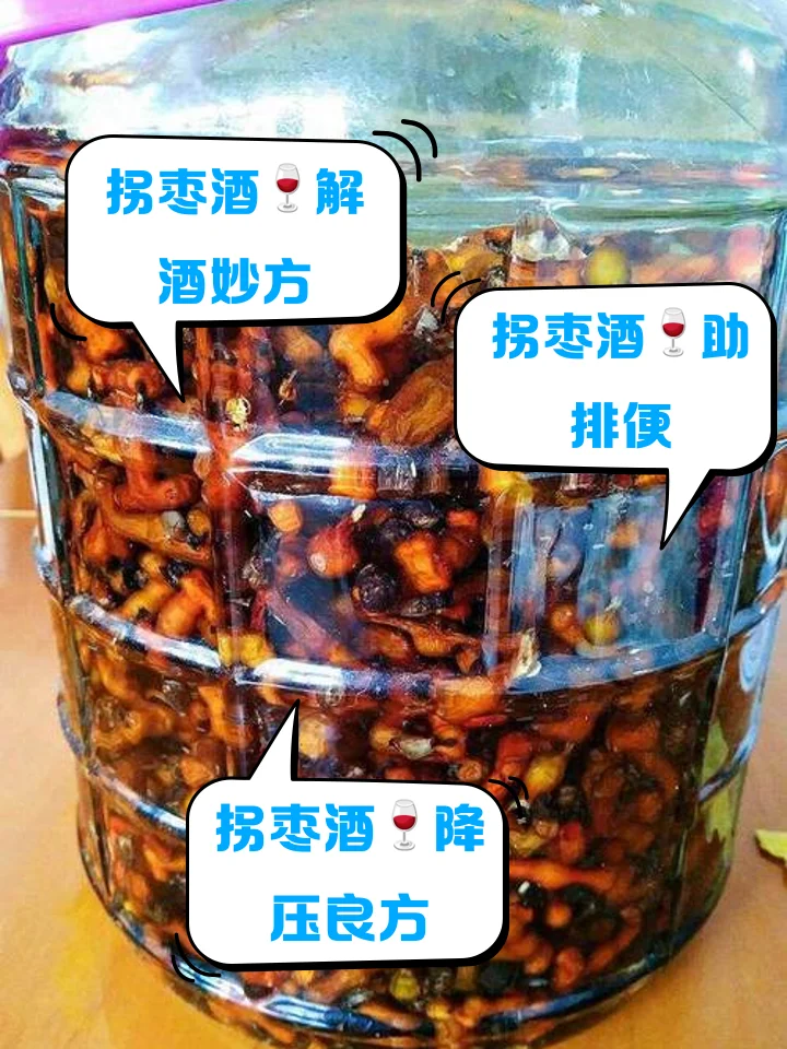 一罐正在浸泡中的大青枣酒特写，酒液清澈，青枣饱满，旁边散落着原材料，展示家庭自制果酒的温馨过程。_1