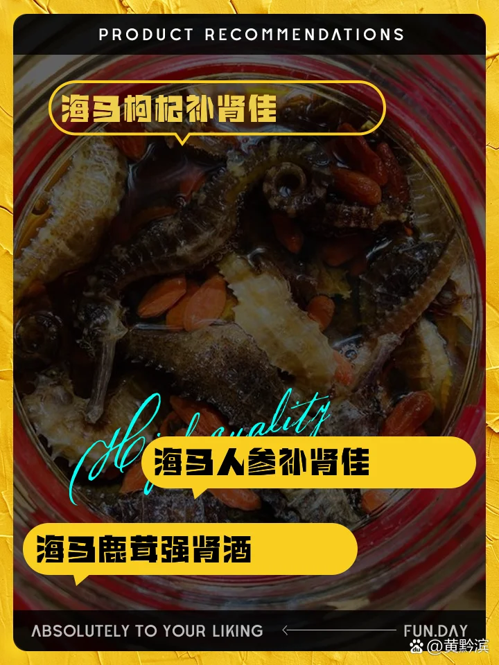 浸泡中的10斤装海马养生酒特写，可见海马、人参、枸杞等材料在琥珀色酒液中_1