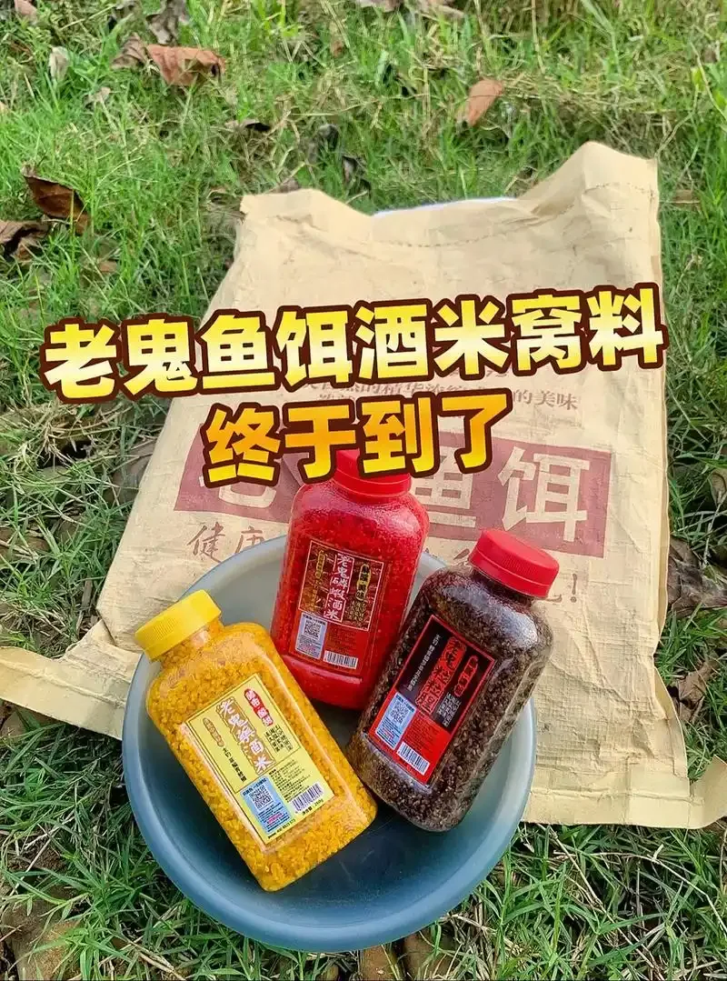 钓鱼者用手向水中抛洒金黄色的酒米窝料进行打窝，鱼竿架在岸边，营造出专注的野钓氛围。_1