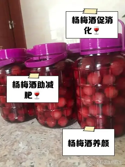 家庭自制杨梅酒特写：透明玻璃罐中深红色酒液浸泡着紫黑色的杨梅与黄冰糖_1
