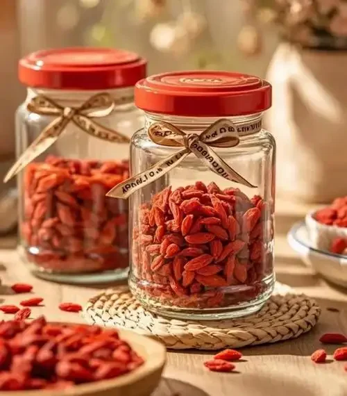 酿酒工作室桌面上的枸杞泡酒：透明玻璃罐中红色枸杞与清澈白酒，旁边是优质宁夏枸杞干果和酿酒工具。_1