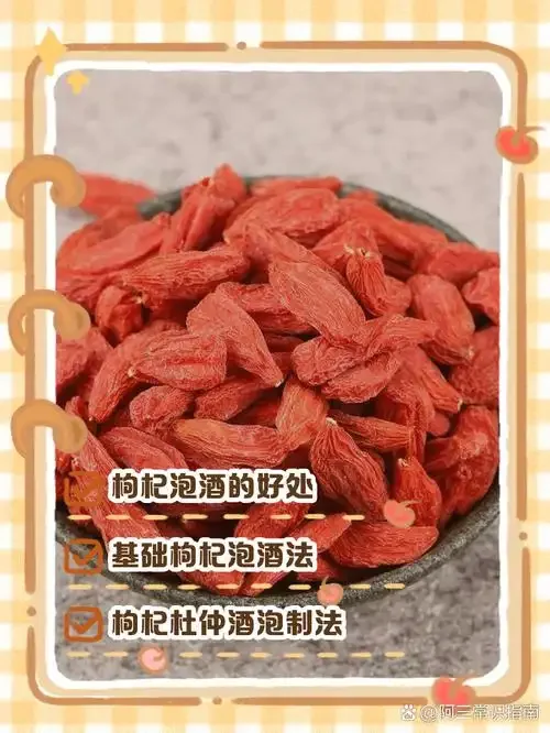 杞子泡酒实物展示：透明玻璃罐中琥珀色酒液与红润枸杞，旁边摆放着原料。_1