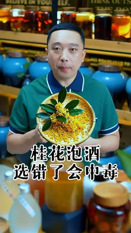 一瓶自制的金黄色桂花酒，旁边散落着桂花，白瓷杯里盛着清澈的酒液，画面温馨治愈。_1