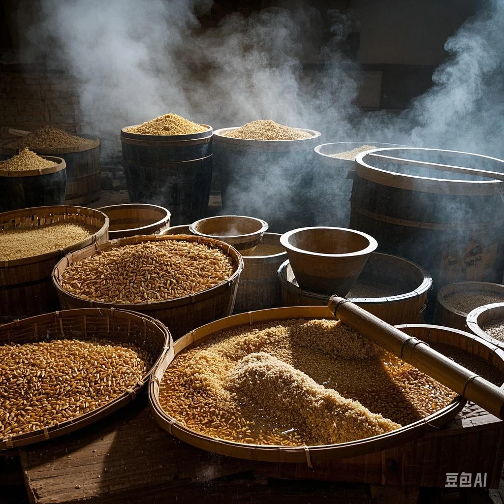 酿酒师视角下的红高粱与酿酒蒸锅特写，展示酿酒原料准备过程_1