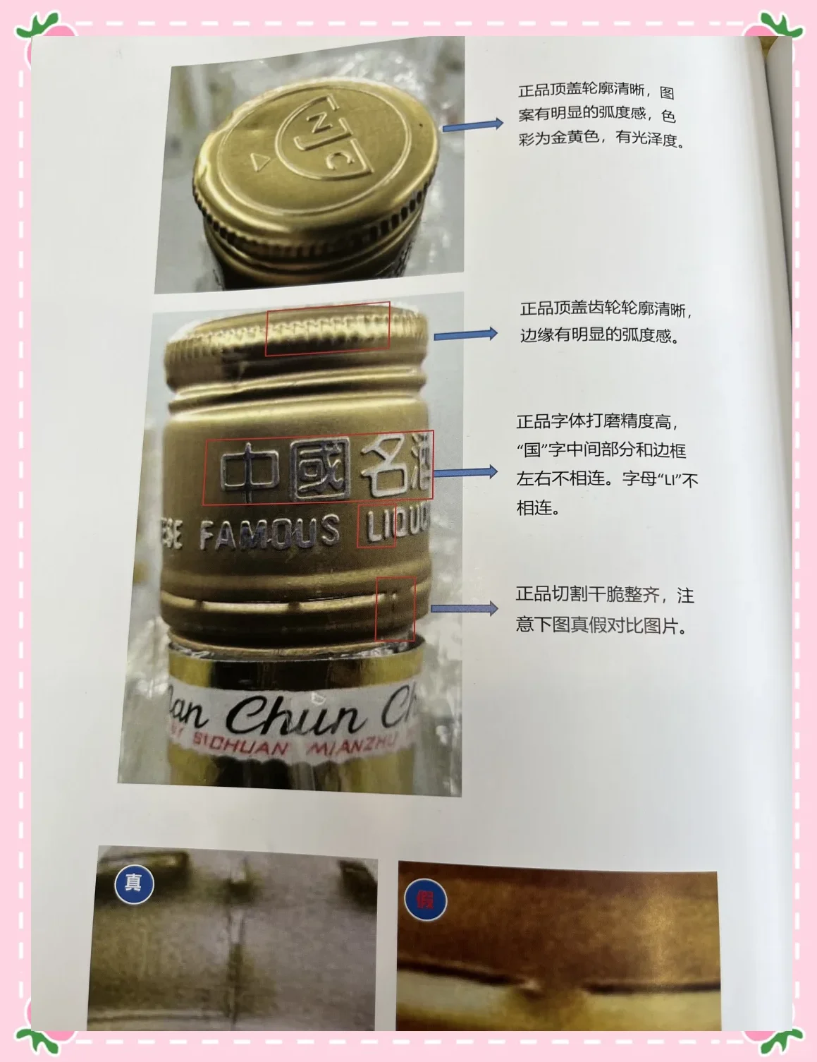 真假两瓶白酒对比图，展示包装、标签细节差异，并配有放大镜、纸巾等鉴别工具。_1