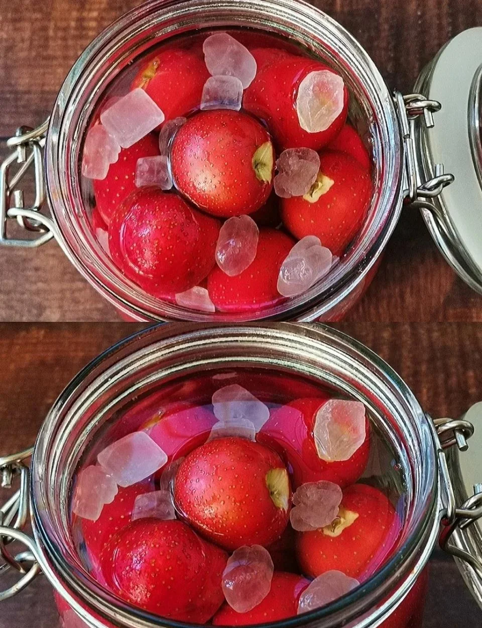 家庭自酿山楂酒准备阶段：透明玻璃罐中浸泡着鲜红的去核山楂果肉_1