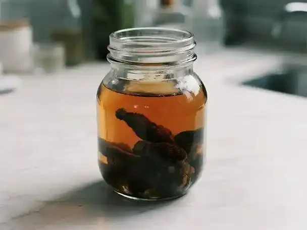 一瓶用黄精、人参、枸杞等药材浸泡的琥珀色药酒，旁边散落着原材料，展现出家庭泡酒的准备过程。_1