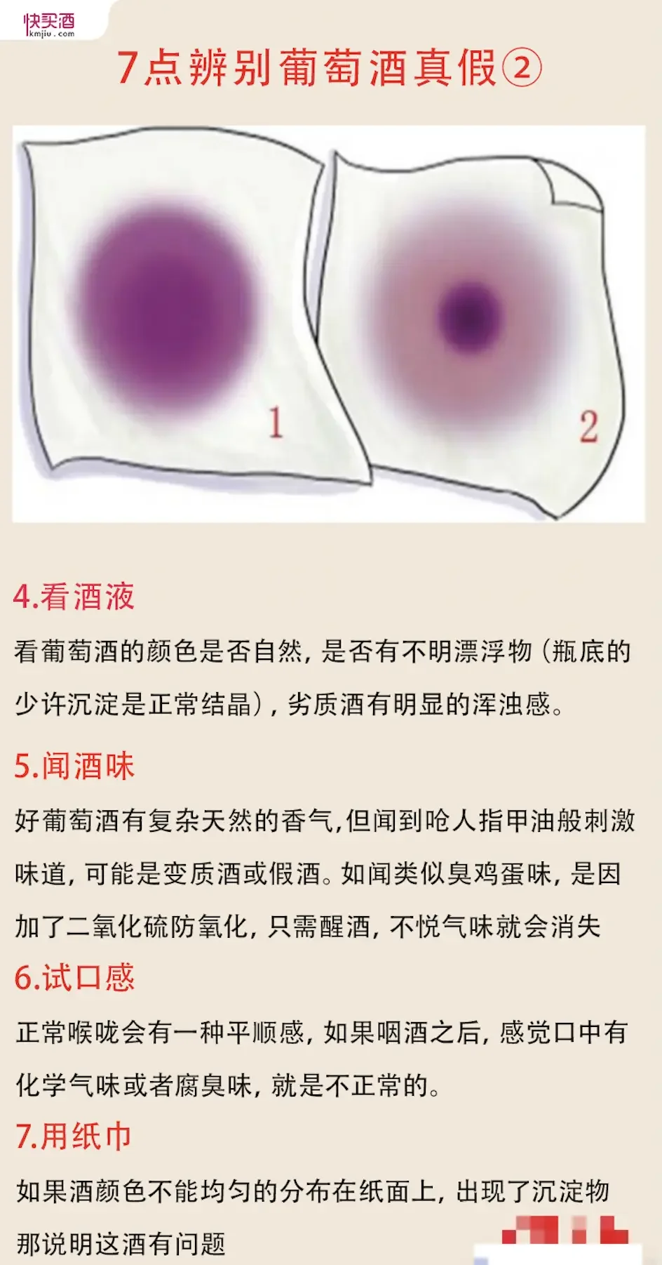 真假葡萄酒对比鉴别图：左侧为正品葡萄酒，标签清晰；右侧为疑似假酒，标签模糊；桌上正在进行小苏打酸碱测试。_1