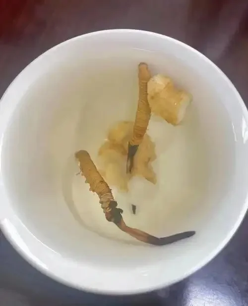 冬虫夏草、枸杞和冰糖旁边，一瓶正在浸泡中的金黄色冬虫夏草酒，展示了家庭自泡酒的准备工作与初始状态。_1