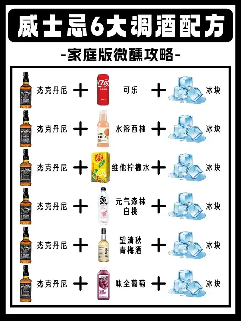 家庭调酒必备配料展示图：金酒、伏特加、柠檬汁、干味美思、苦精和一杯装饰好的鸡尾酒。_1