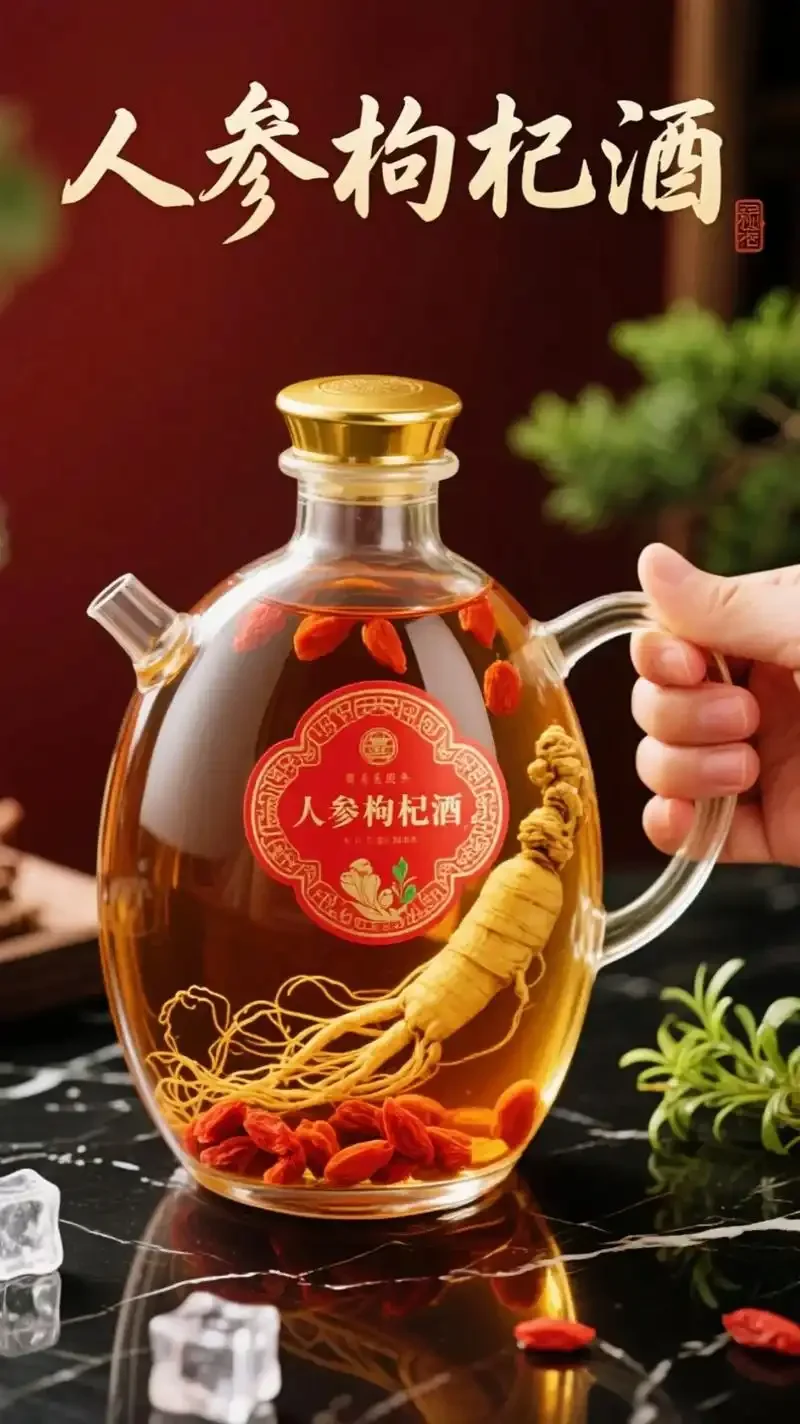 人参枸杞泡酒成品展示：透明玻璃酒坛内浸泡着完整人参和红色枸杞，呈现出诱人的琥珀色泽_1