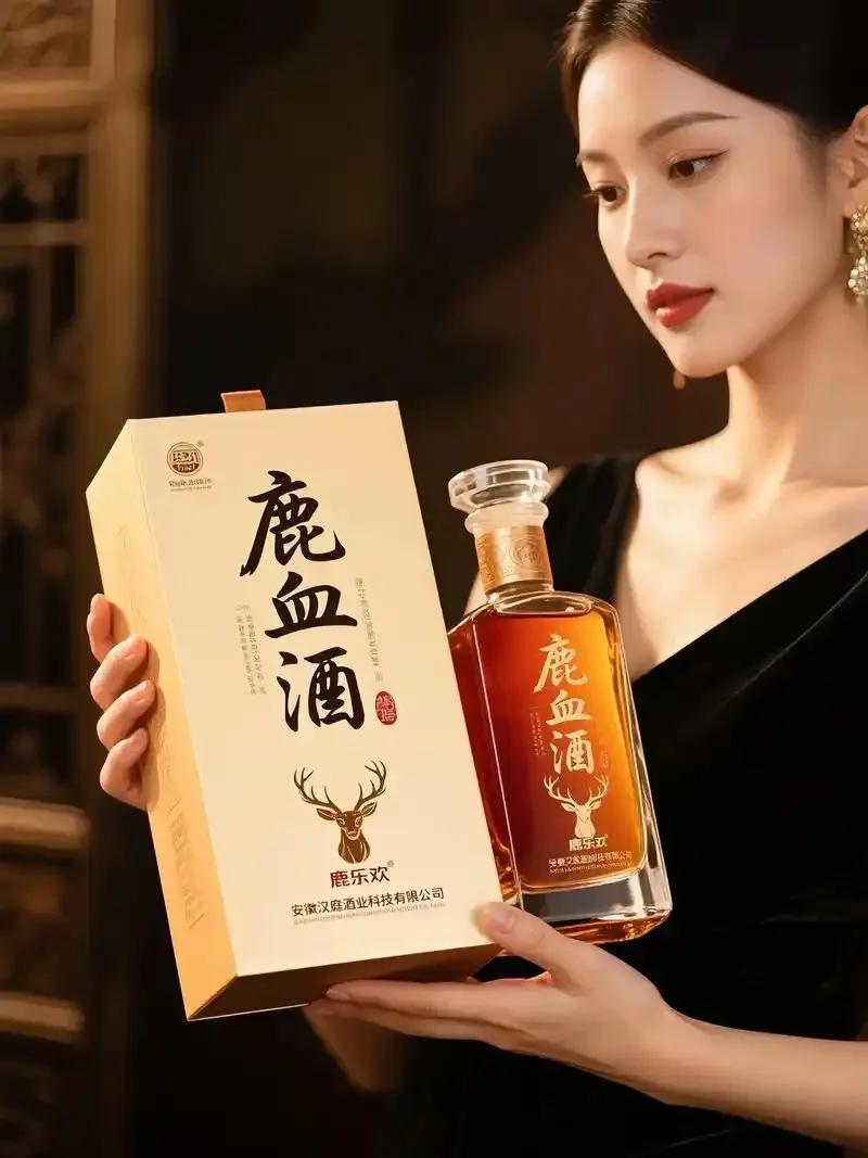 一个玻璃罐中正在泡制的鲜鹿血酒，酒液呈琥珀色，内有鲜红色血块，展示传统手工酿制的场景。_1