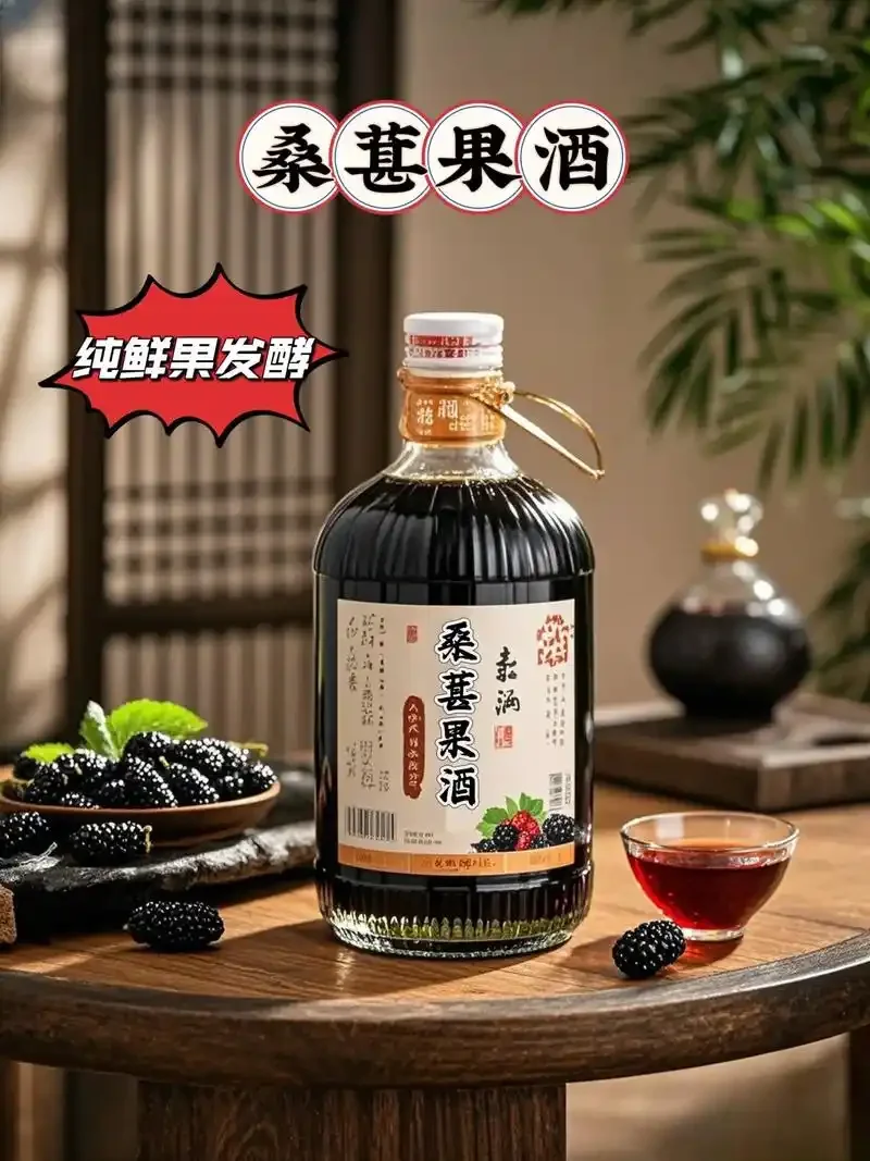 一盅晶莹剔透的深紫红色桑葚酒特写，旁边搭配新鲜桑葚和桑叶，展示其天然色泽。_1
