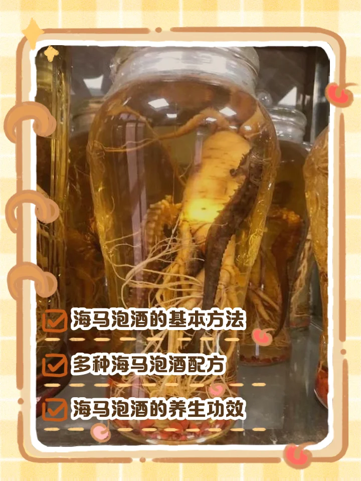 泡酒罐中泡着海马、枸杞和人参的药酒特写，展示专业家庭酿酒场景_1