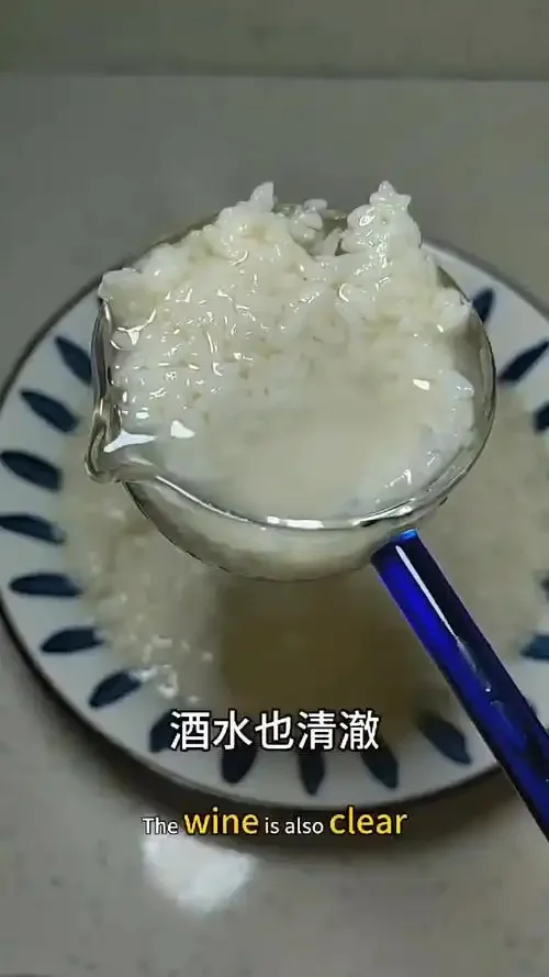 家庭自制糯米米酒发酵过程特写，玻璃罐中糯米与清澈酒液清晰可见。_1