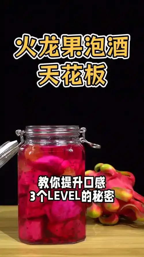 一瓶自制火龙果酒与新鲜红心火龙果静物摄影，展示酒体颜色和水果原料。_1