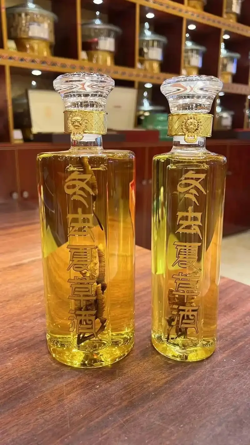一瓶正在浸泡中的冬虫夏草酒特写，展示金黄虫草在清澈酒液中的状态_1