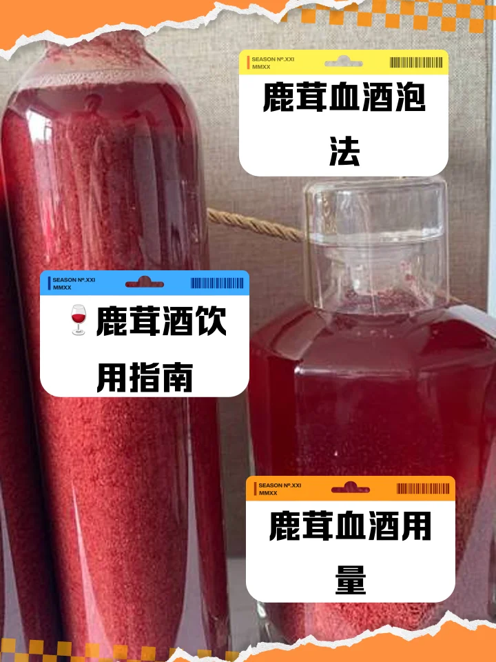 一个透明玻璃泡酒瓶，里面是浸泡着鹿茸和三七的金黄色酒液，旁边散落着鹿茸切片和三七原料。_1