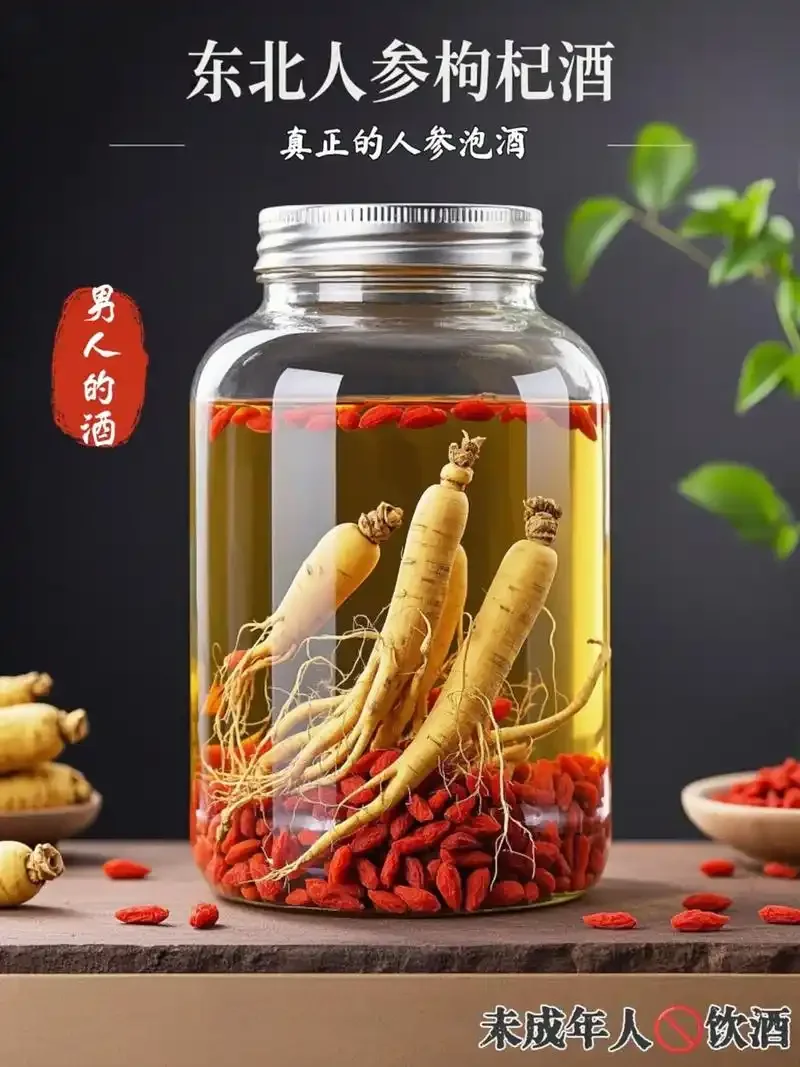 人参灵芝海马枸杞泡酒材料展示：透明玻璃罐内琥珀色酒液中浸泡着人参、灵芝、海马和枸杞，旁边散落着各材料的特写。_1