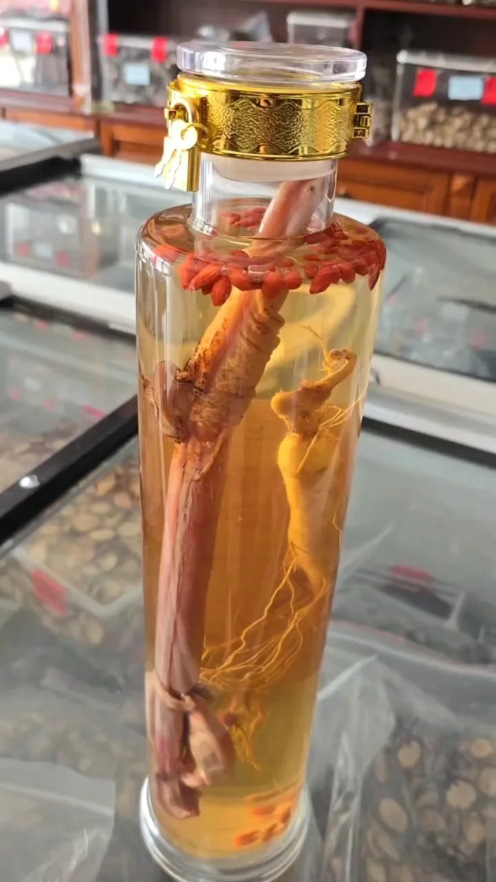 人参鹿茸鹿鞭泡酒成品展示：透明玻璃瓶中琥珀色酒液浸泡着人参、鹿茸片、鹿鞭段和红枸杞，旁边配有配方纸条和工具。_1