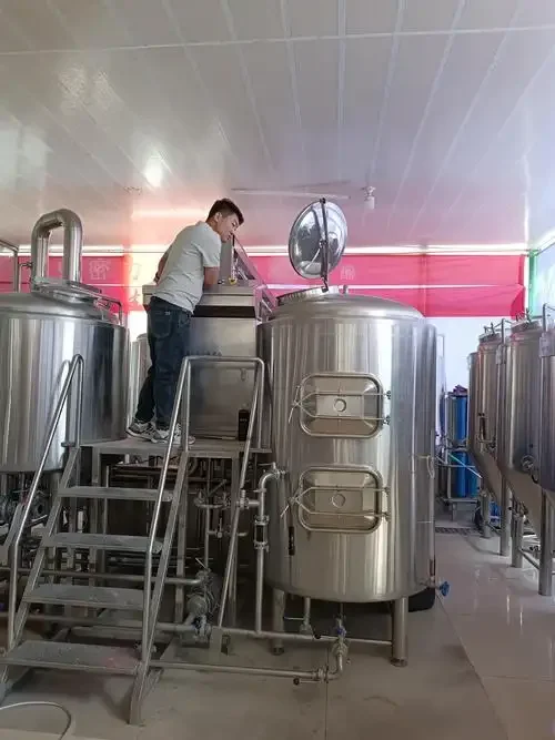 一套完整的小型家用啤酒酿造设备摆放图，包含煮沸锅、糖化桶和发酵罐，旁边配有麦芽与啤酒花原料_1