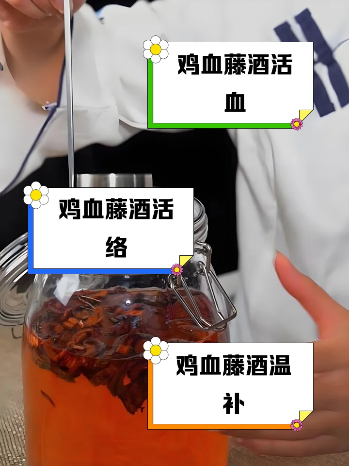 鸡血藤切片与红枣、枸杞泡在古朴陶坛酒中，酒色深红透亮，展现传统养生药酒制作场景_1