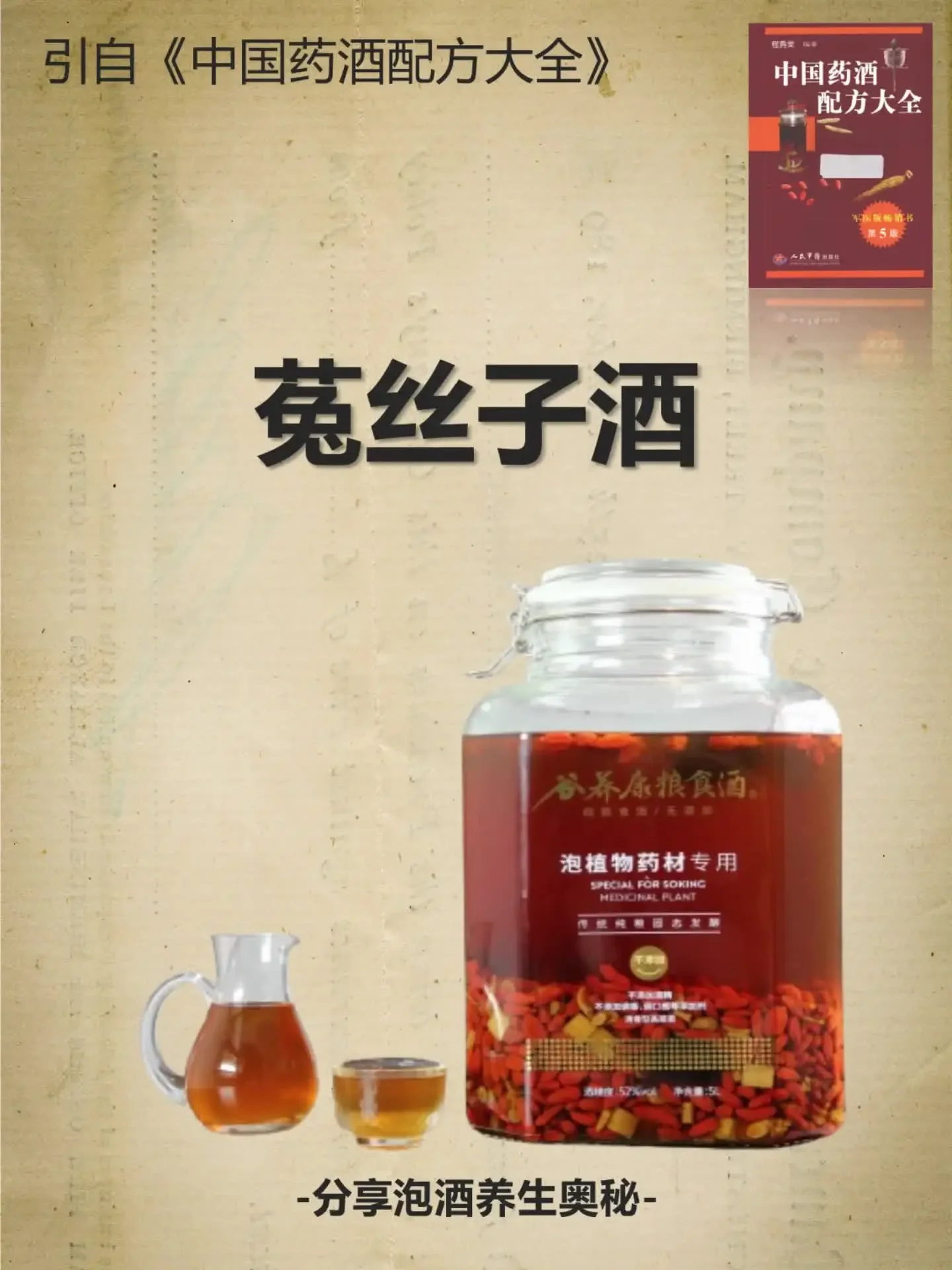 菟丝子药酒特写：透明酒坛中的琥珀色酒液与菟丝子种子_1