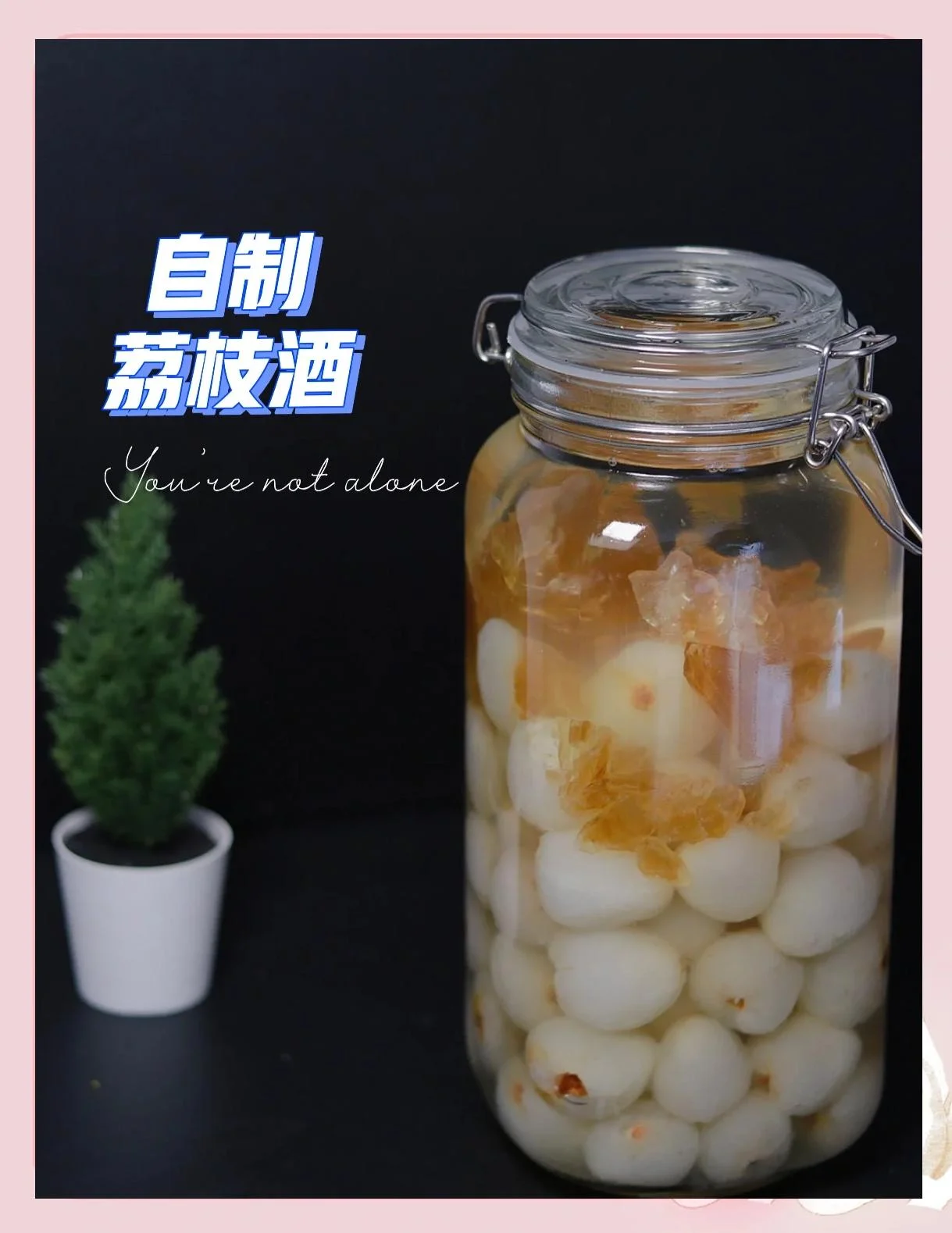 家庭自酿荔枝酒材料准备图：玻璃瓶中浸泡着荔枝果肉和冰糖，旁边摆放着新鲜荔枝和工具_1