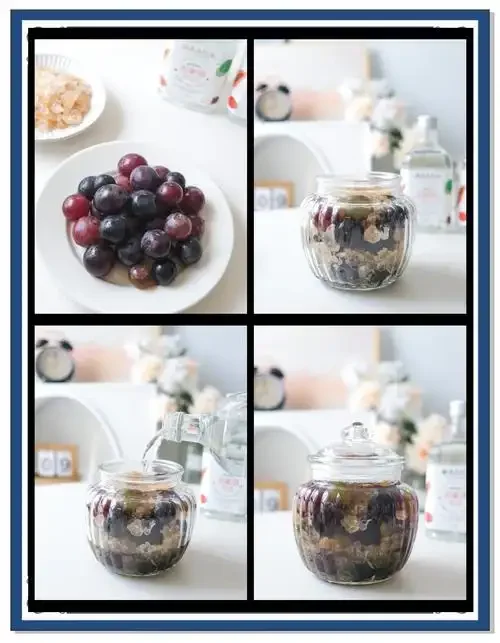 家庭自制葡萄酒发酵过程特写：玻璃罐中紫色葡萄正在发酵，旁边有新鲜葡萄和工具。_1