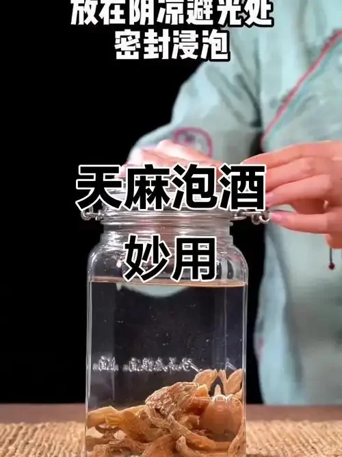 家庭泡制天麻酒现场特写：玻璃罐、天麻切片、枸杞与白酒的清晰展示_1