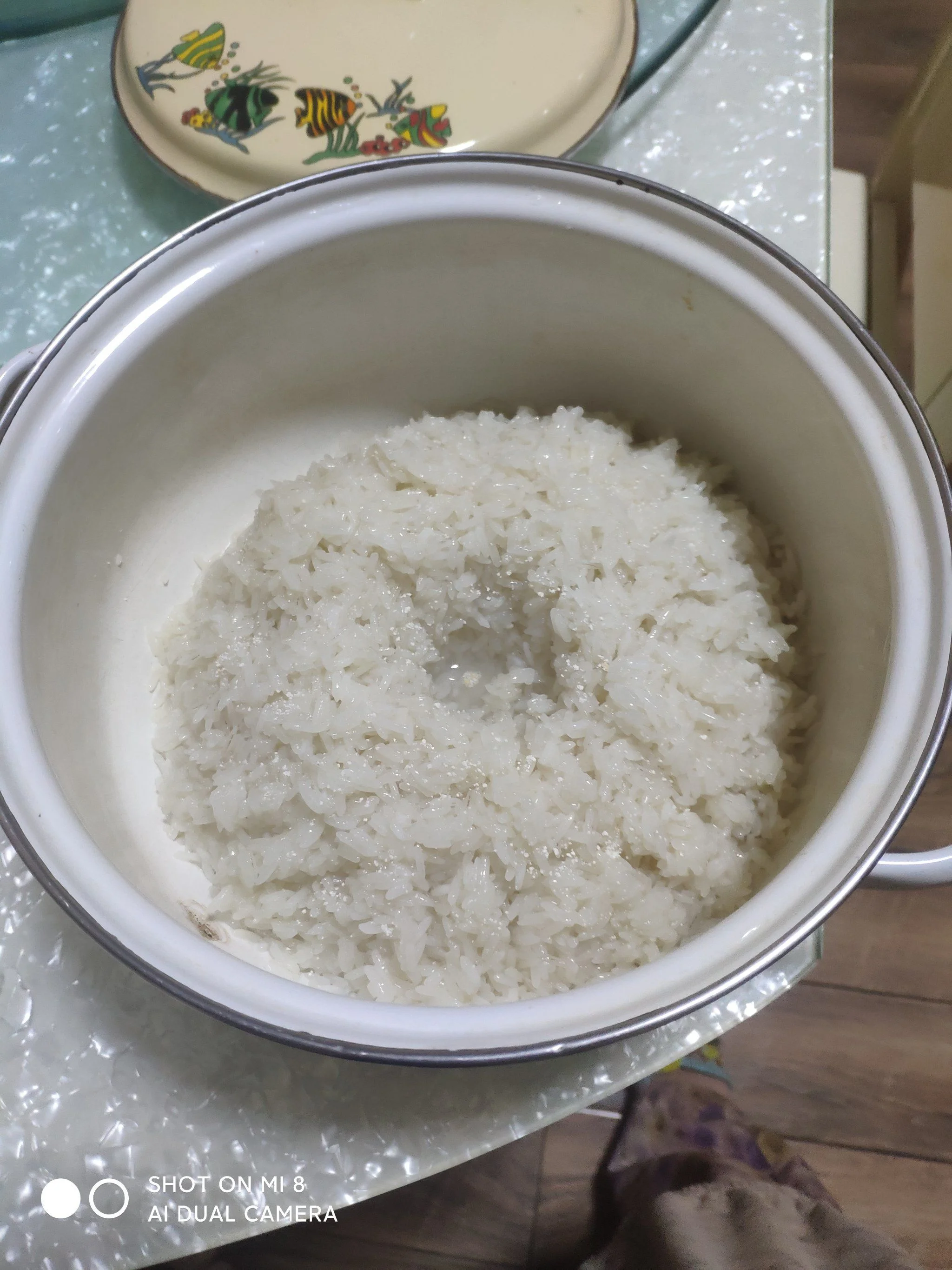 一斤半米与适量甜酒曲的配比展示：陶瓷盆中拌好酒曲的米饭与旁边电子秤上的750克标示_1