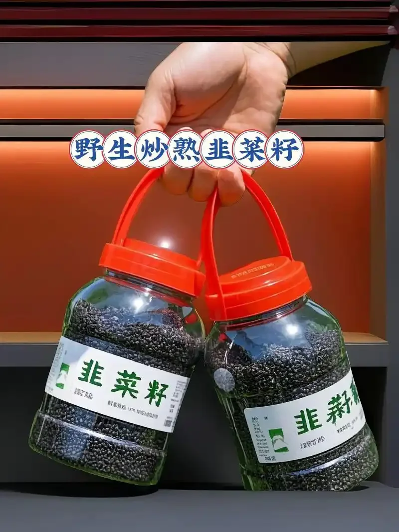 透明玻璃罐中金黄透亮的韭菜籽泡酒特写，旁边散落着生熟韭菜籽作对比。_1