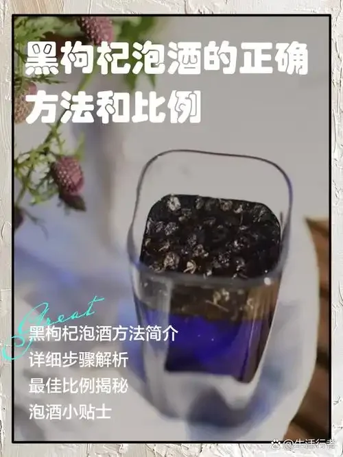 泡制好的黑枸杞红枣养生酒特写,酒体呈琥珀色,内含饱满的黑枸杞和红枣。_1